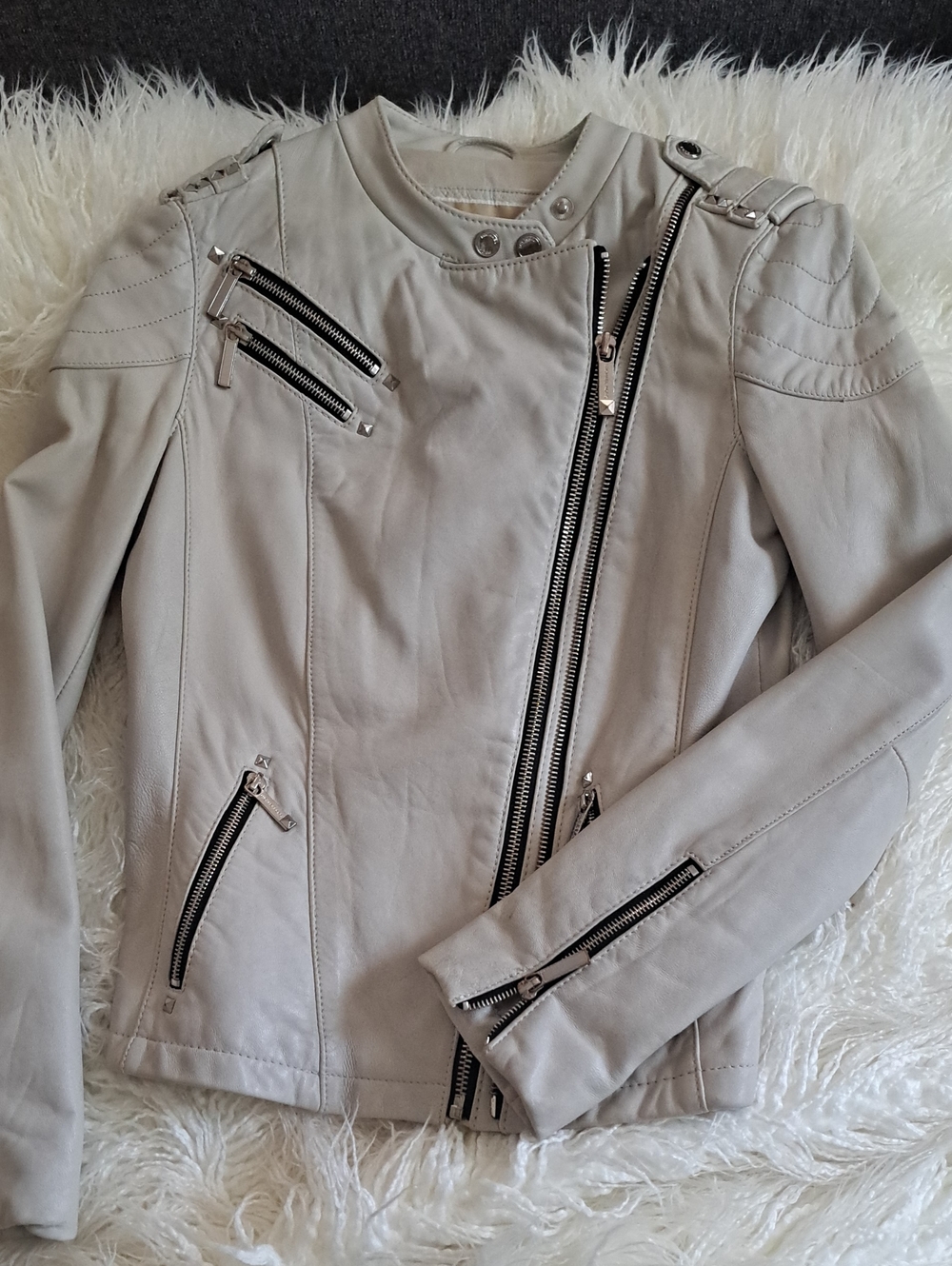 MICHAEL Michael Kors Light Gray Asymmetrical Leather Moto Jacket